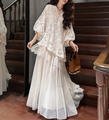 三吉黑花【镜花月】新中式绣花早春漂亮连衣裙子国风蕾丝拼纱长裙