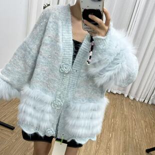 海宁女士时尚 狐狸毛针织皮草针织毛衣防风外套