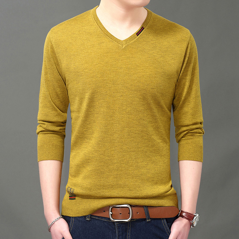 Daily special autumn thin woolen sweater mens V-neck solid color bottomed sweater mens long sleeve t-shirt mens sweater