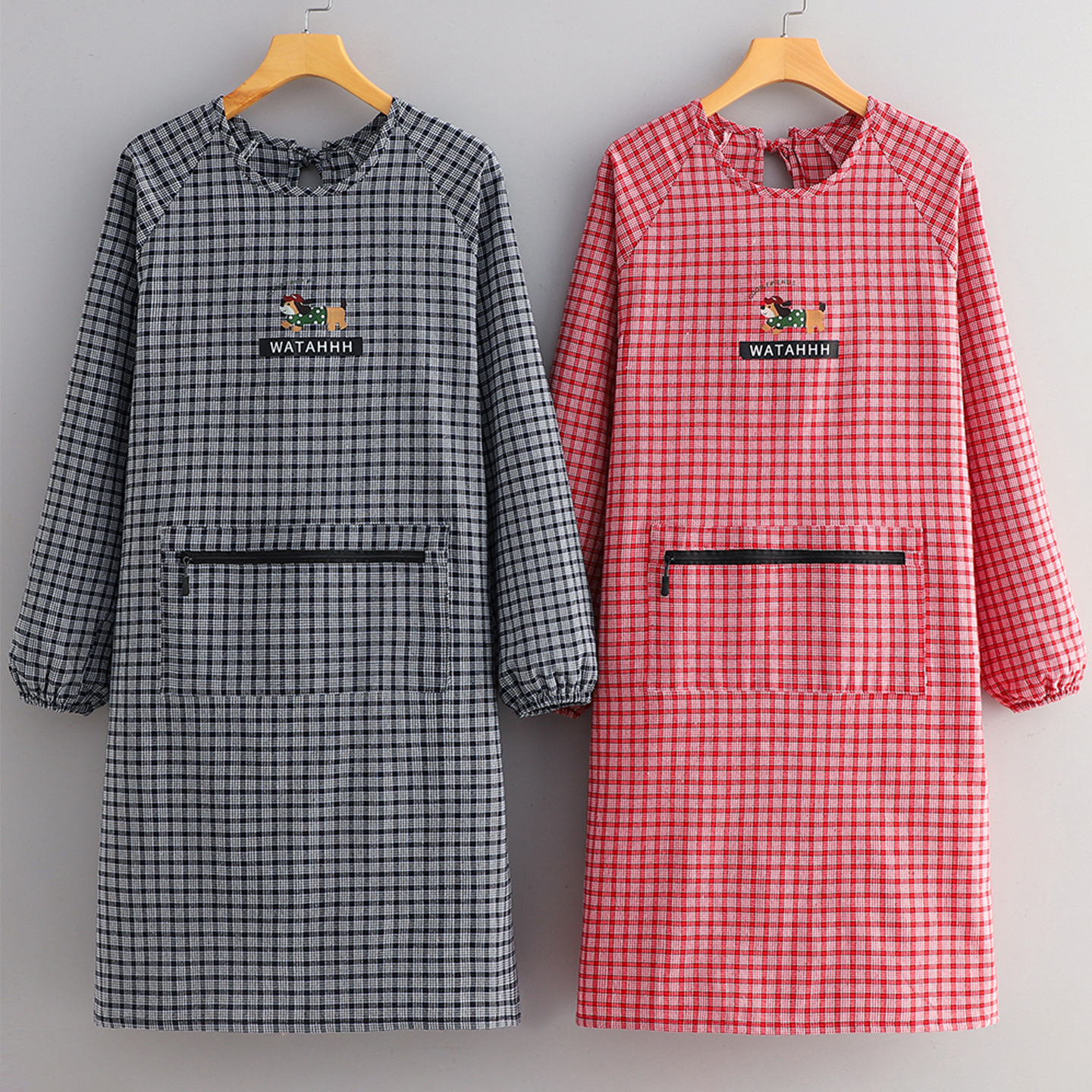 中老年人父母亲卡通棉罩衣家用厨房长袖围裙透气带袖女罩一照衣zy