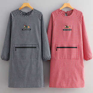 中老年人父母亲卡通棉罩衣家用厨房长袖围裙透气带袖女罩一照衣