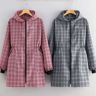 拉链连收要显瘦薄褂子外罩格子收腰棉布正穿罩衣家用厨房长袖围裙