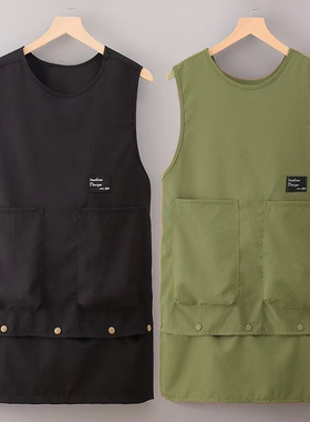 j军绿色两个长竖口袋围兜兜工装不沾毛防水围裙 烘焙店时尚工作服