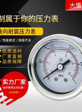 轴向耐震压力表YN40Z不锈钢40mm表盘螺纹M10*1 1/8 1/4油压液压表