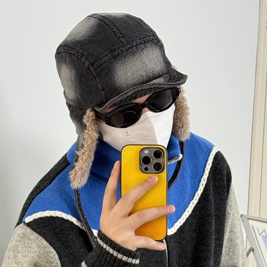 SUPERWZM时尚水洗牛仔雷锋帽男冬季加厚保暖毛绒护耳防寒帽子女韩