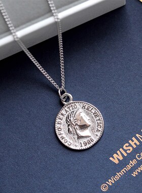 欧美纯银项链五角钱硬币吊坠复古金币人像锁骨链简约时尚个性饰品