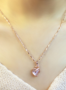 项链女士锁骨瓜子链纯银玫瑰金芙蓉石粉水晶吊坠彩金情人节礼物