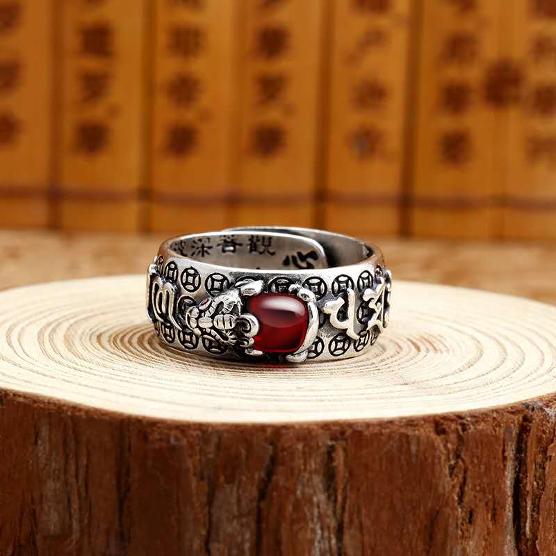 转运貔貅纯银戒指男女情侣足银霸气金蝉真言六字真言心经复古指环