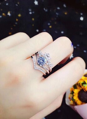 三合一戒指3个皇冠莫桑石纯银女