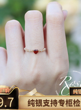 925纯银镀14K金日韩极细简约单戒指潮指环镶嵌心形钻锆石女戒指