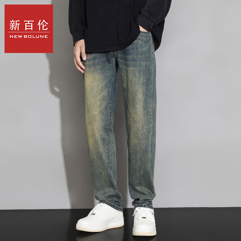 新百伦秋冬季新款修身小脚牛仔裤男复古痞帅弹力休闲洗水直筒长裤