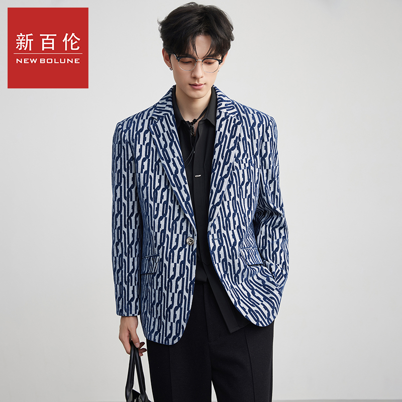 新百伦秋季新款西服轻奢高端时尚条纹设计感复古立领休闲西装外套
