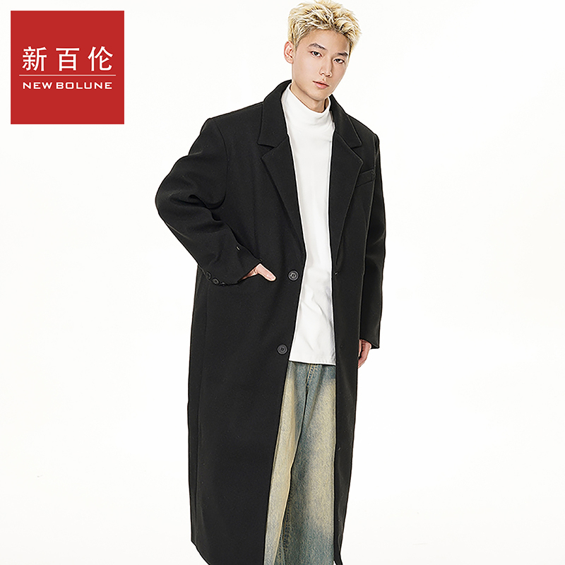 新百伦秋冬季新款韩流时尚过膝中长款呢大衣宽松呢料里布加棉风衣