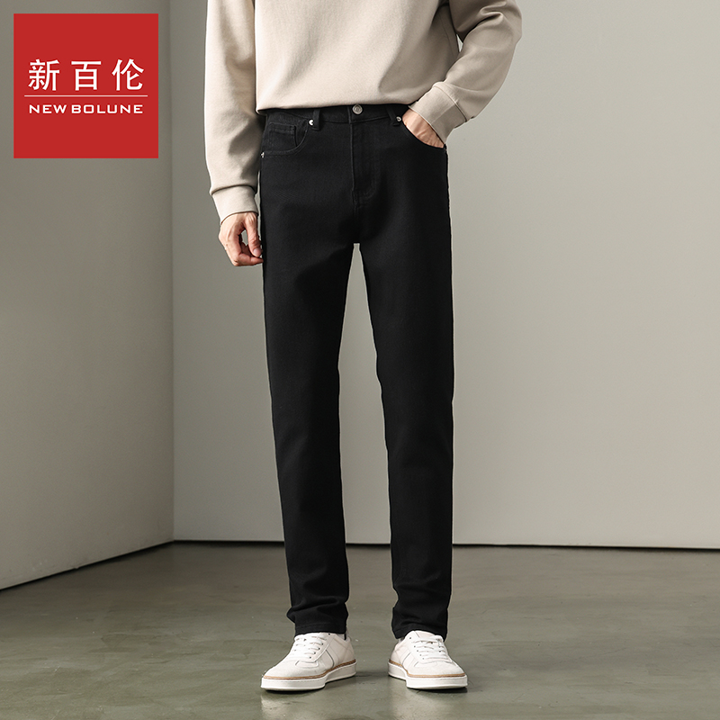 新百伦牛仔裤男秋冬爆款轻奢风直筒弹力九分裤黑色休闲百搭牛仔裤