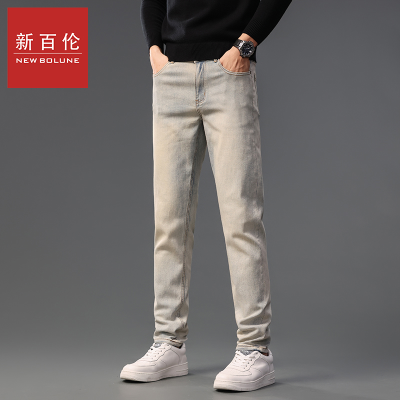 新百伦牛仔裤男四季款高端简约时尚小脚裤潮流港风修身直筒九分裤