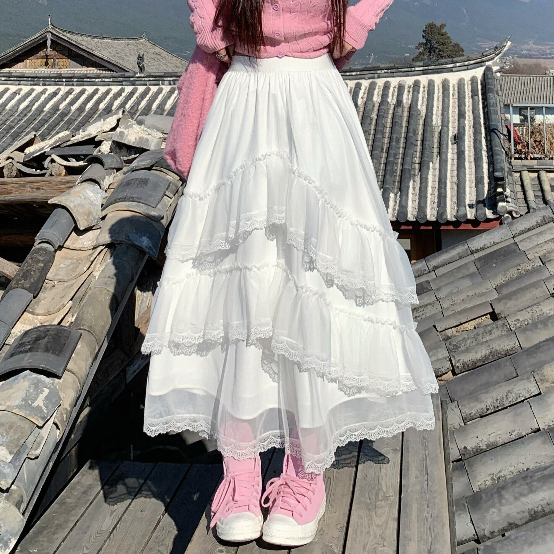 3MER哦哦三妹 甜美蓬蓬蛋糕半身裙女白色不规则蕾丝网纱a字长裙子