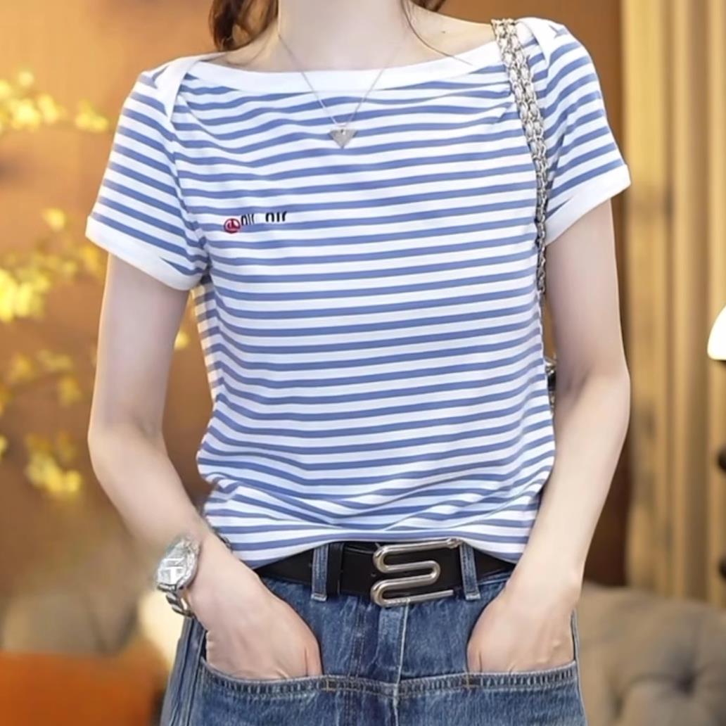 潮牌撞色条纹字母刺绣短袖T恤女2026夏季新款百搭休闲上衣减龄ins