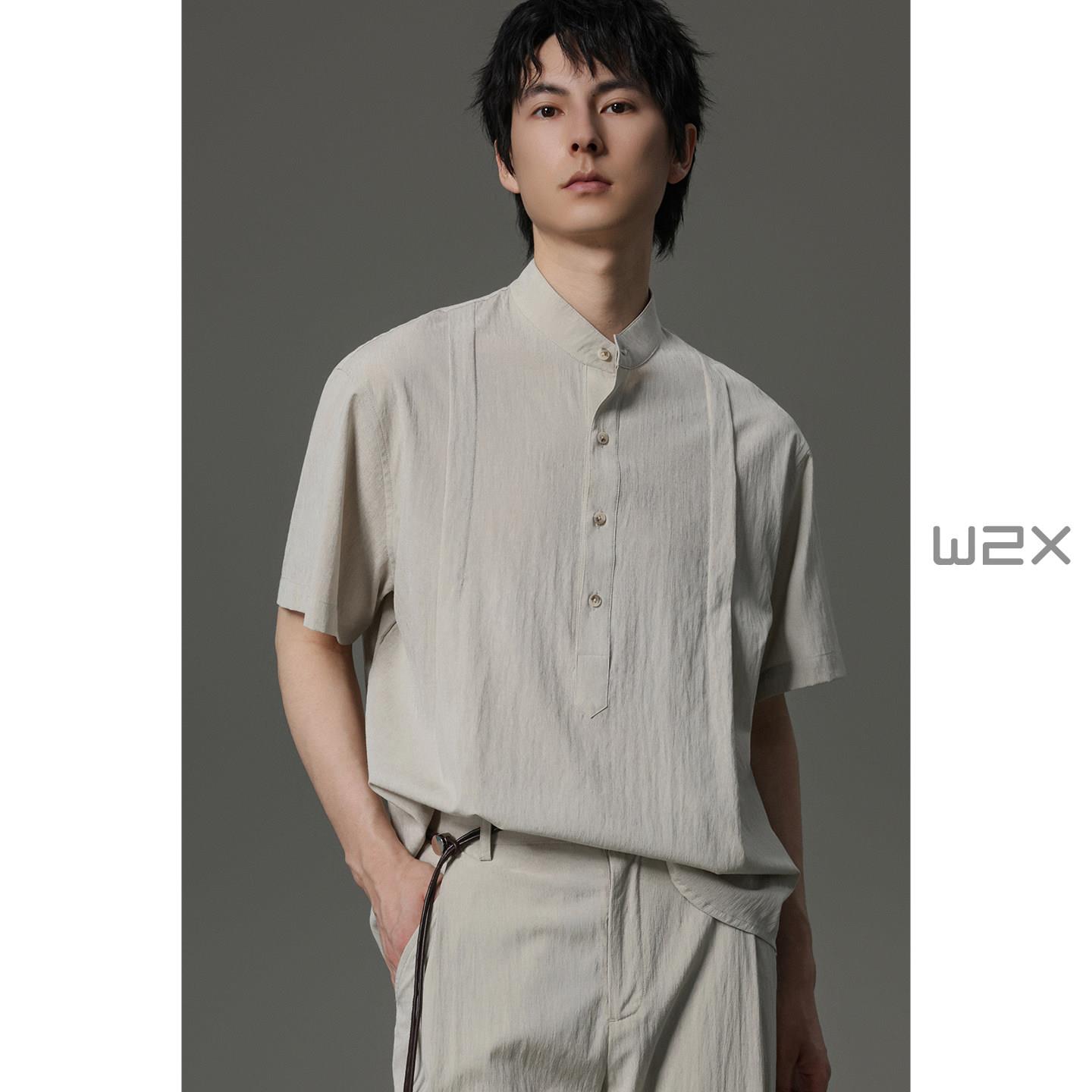 w2x2026夏季新款立领半开襟含亚麻短袖衬衫男设计感冰丝工装衬衣