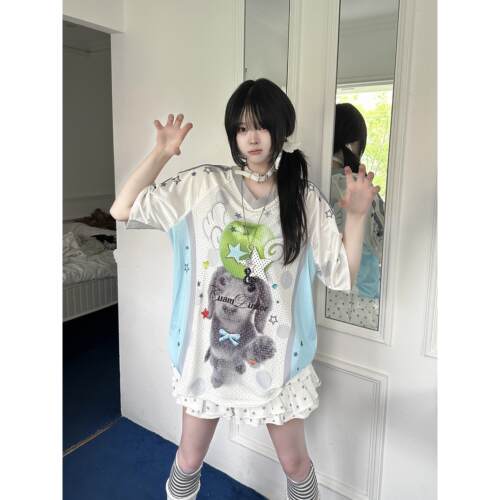 咖喱人Y2K少女感可爱印花复古球衣短袖T恤女夏季小众设计感上衣