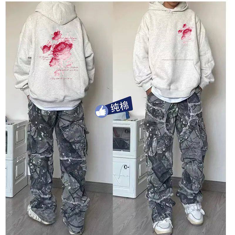欧美高街潮牌渐变玫瑰印花连帽卫衣男女宽松街头ins加绒加厚外套