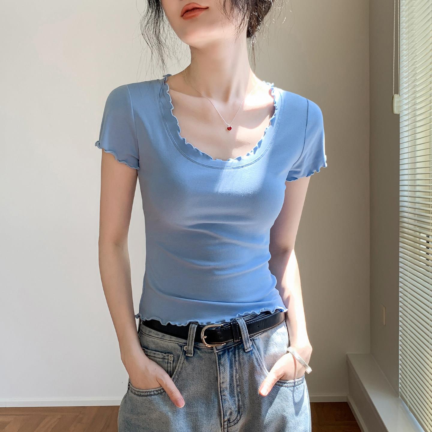 歌倍尚花边圆领正肩短袖T恤女2026夏季新款修身显瘦纯色百搭上衣
