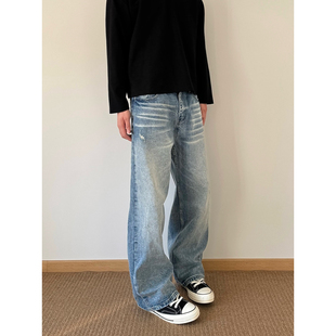 POPLAR CLASSIC冰川蓝水洗磨白破洞复古cleanfit直筒微喇牛仔裤男