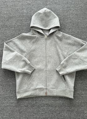 POPLAR CLASSIC 重磅解构宽松短宽灰色开衫男女连帽拉链帽衫外套