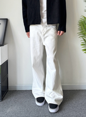POPLAR CLASSIC复古白牛阔腿A字水洗原色直筒牛仔长裤