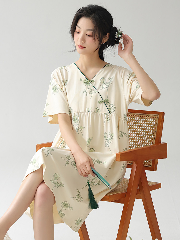 新潮国风睡衣裙女夏季短袖中长裙时尚可外穿家居服连衣裙女生