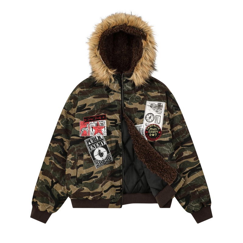 美式复古迷彩加厚飞行员棉服女冬季高级感休闲百搭毛绒连帽外套潮