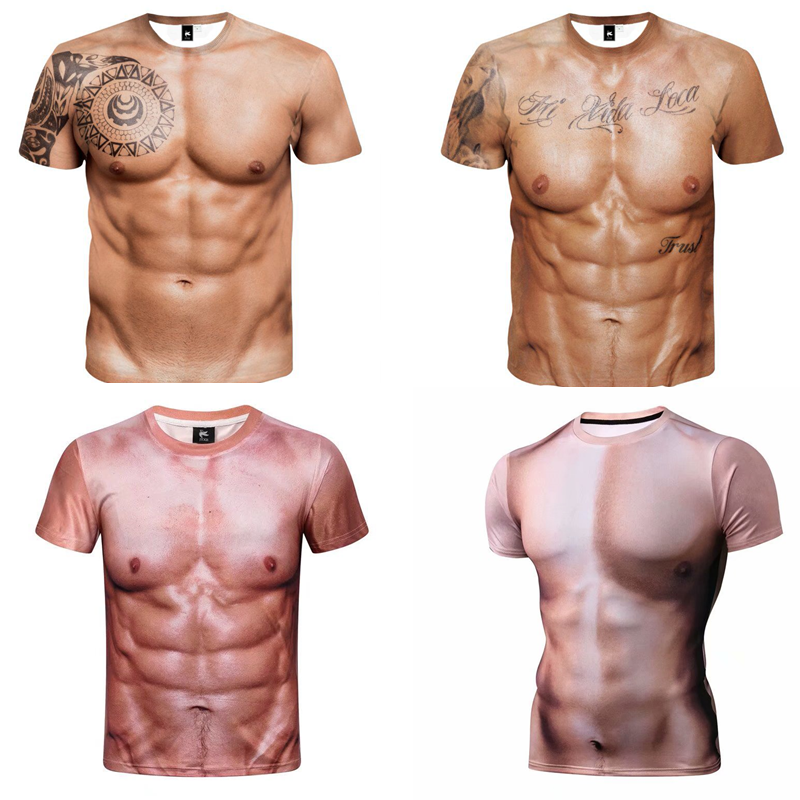 搞笑3d肌肉衣服抖音同款逼真6八块腹肌胸肌短袖t恤男年会表演道具