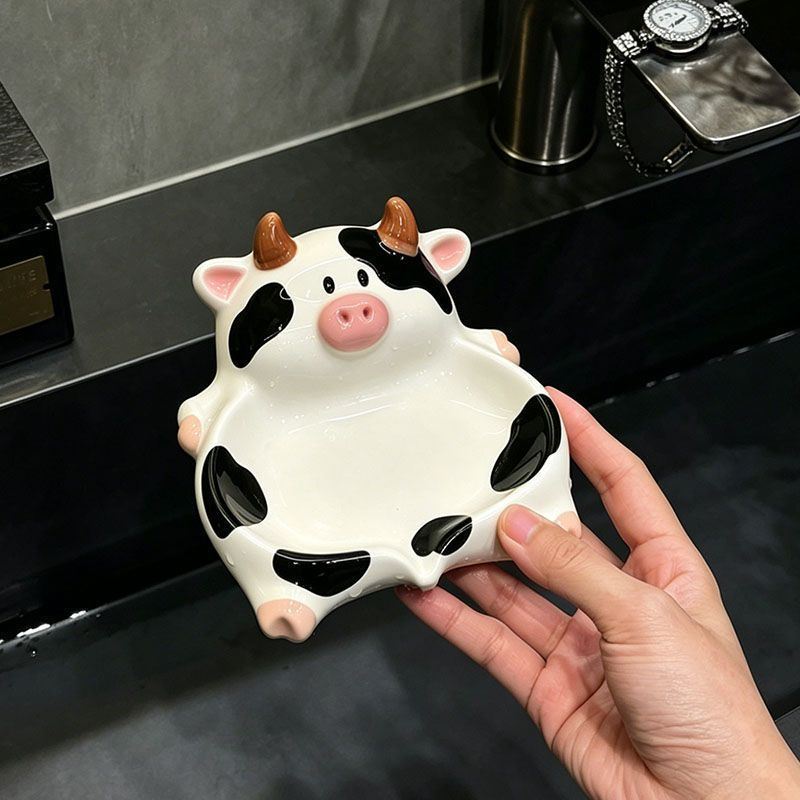 可爱奶牛造型陶瓷装饰水免打孔家用香皂盒子卫生间置物架可爱皂碟