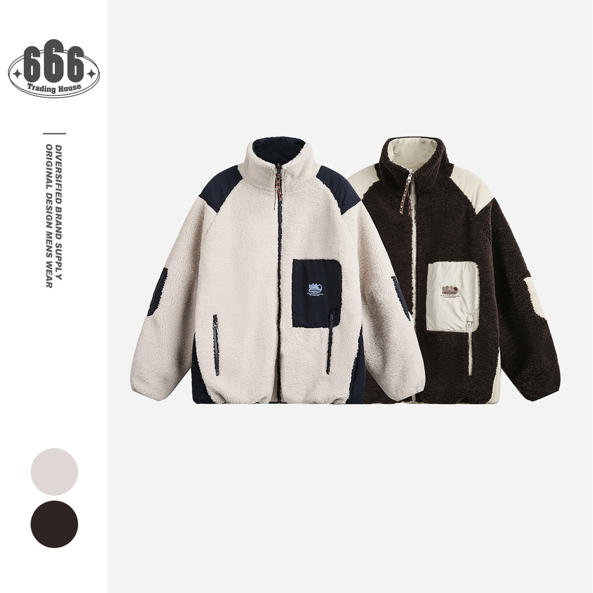 DAVIC日系复古拼接口袋宽松羊羔毛外套男女立领棉服冬季外套MY028