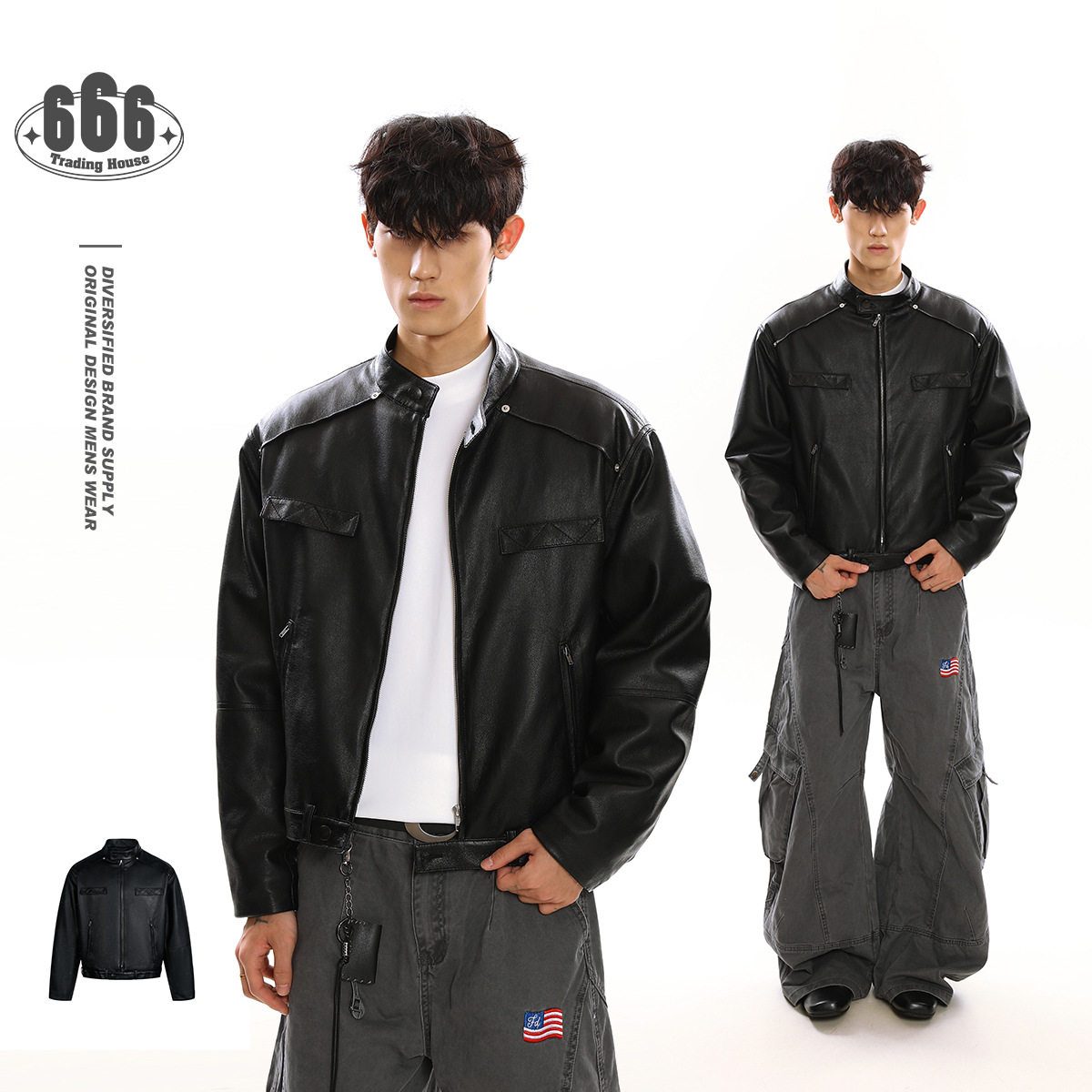 YUU冬季保暖pu皮衣羽绒服男痞帅黑色立领皮衣羽绒服机车外套YR001