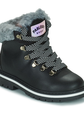 Pablosky童鞋女孩靴子时尚加绒保暖系带马丁靴短筒靴黑色冬季新款