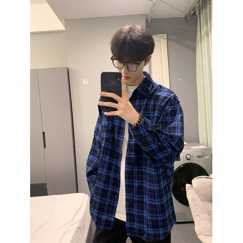 克莱因蓝防晒衬衫男美式长袖衬衣高级感格子秋季外套