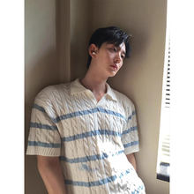 白色条纹针织短袖polo衫男生夏季高级感翻领t恤cleanfit薄款上衣