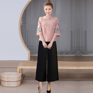 茶艺服女中式盘扣唐装改良旗袍复古民族国风套装上衣美容养生汉服