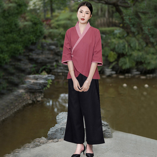 中式茶艺师服V领改良旗袍唐装汉服短款棉麻上衣禅意居士服两件套