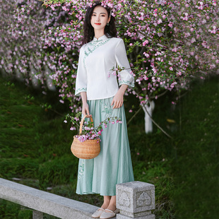 民国风唐装复古套装中国风茶汉服改良旗袍文艺上衣美容养生采耳服