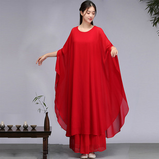中国风宽松大码禅舞服仙女文艺复古连衣裙禅意茶艺师表演服茶修服