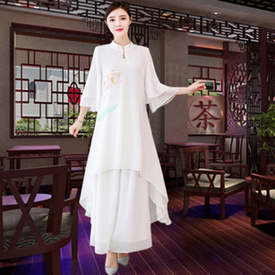 茶服女禅意文艺复古中国风唐装古风连衣裙禅意女套装中式燕尾服装
