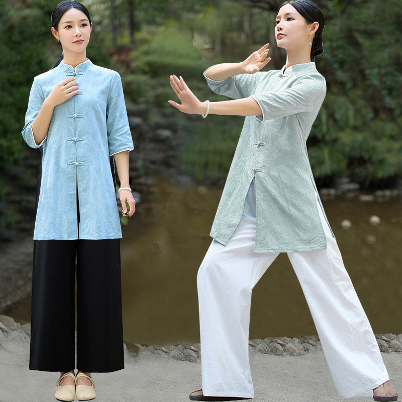 中国风中式唐装棉麻上衣中长款复古风茶艺服瑜珈服中医馆按摩师服