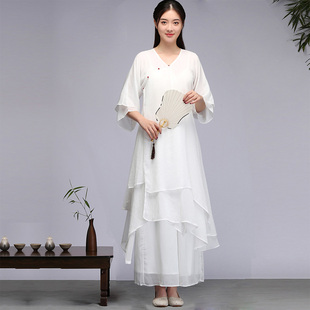茶艺师女禅意文艺汉服中国风改良旗袍超仙连衣裙唐装复古两件套装