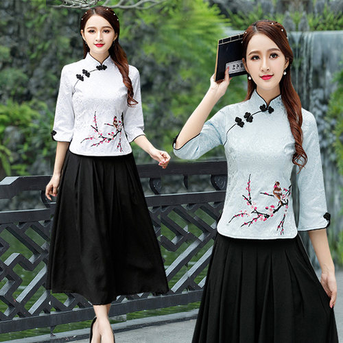 大码中式改良旗袍唐装绣花上衣女复古民国风茶人服气质小衫两件套