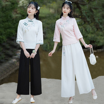 大码中式改良旗袍唐装棉麻中袖上衣民族国风女茶艺服美容采耳师服