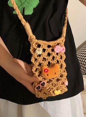 夏威夷黑皮猫咪斜挎包新款夏日度假遛弯包手工编织手机包单肩镂空