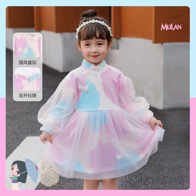 迪士尼童装女孩梦幻公主裙长袖网纱拼接连衣裙春秋新款国风裙子