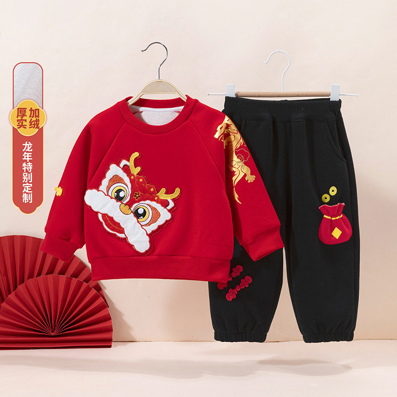 贝贝怡男童新年拜年服套装儿童过年大红加绒卫衣女大童中国风冬装