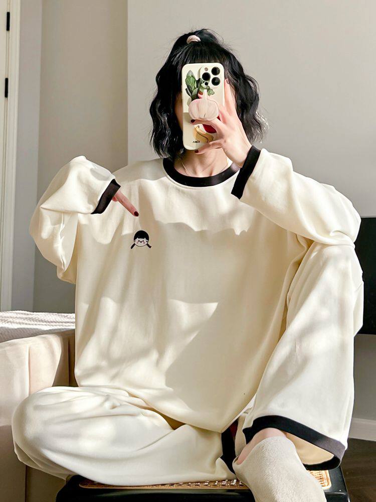HEARMES CUTE DOLL PAJAMAS WOMENS LONG SLEEVE COTTON SPRING SOLID COLOR CASUAL CAN BE WORN LOOSE LOUNGEWEAR